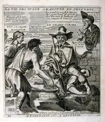 XVII-wieczna grawerowana ilustracja ze zbioru przysłów. Paryż 1657-1663. Autor: Jacques Lagniet (1620-1675). Francuski rytownik. Od niego pochodzi wiele społecznie krytycznych rycin i prześmiewczych obrazów, takich jak jego czasami groteskowe i fantastyczn