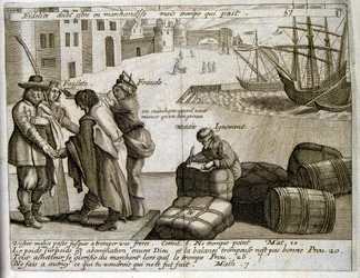 XVII-wieczna grawerowana ilustracja ze zbioru przysłów. Paryż 1657-1663. Autor: Jacques Lagniet (1620-1675). Francuski rytownik. Od niego pochodzi wiele społecznie krytycznych rycin i prześmiewczych obrazów, takich jak jego czasami groteskowe i fantastyczn