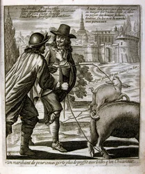 XVII-wieczna grawerowana ilustracja ze zbioru przysłów. Paryż 1657-1663. Autor: Jacques Lagniet (1620-1675). Francuski rytownik. Od niego pochodzi wiele społecznie krytycznych rycin i prześmiewczych obrazów, takich jak jego czasami groteskowe i fantastyczn