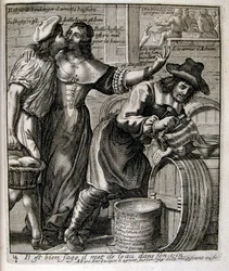 XVII-wieczna grawerowana ilustracja ze zbioru przysłów. Paryż 1657-1663. Autor: Jacques Lagniet (1620-1675). Francuski rytownik. Od niego pochodzi wiele społecznie krytycznych rycin i prześmiewczych obrazów, takich jak jego czasami groteskowe i fantastyczn