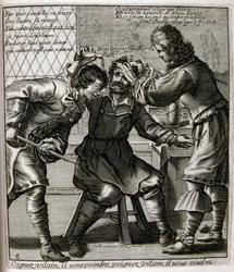 XVII-wieczna grawerowana ilustracja ze zbioru przysłów. Paryż 1657-1663. Autor: Jacques Lagniet (1620-1675). Francuski rytownik. Od niego pochodzi wiele społecznie krytycznych rycin i prześmiewczych obrazów, takich jak jego czasami groteskowe i fantastyczn