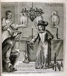 XVII-wieczna grawerowana ilustracja ze zbioru przysłów. Paryż 1657-1663. Autor: Jacques Lagniet (1620-1675). Francuski rytownik. Od niego pochodzi wiele społecznie krytycznych rycin i prześmiewczych obrazów, takich jak jego czasami groteskowe i fantastyczn