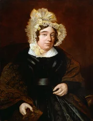 Portret pani Edward Cross, siedzącej do połowy długości w ciemnej satynowej sukni z szalem paisley,