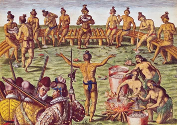 Jak mieszkańcy Florydy podejmowali decyzje w ważnych sprawach, z „Brevis Narratio...”, ryciny przez Theodore de Bry (1528-88) 1563