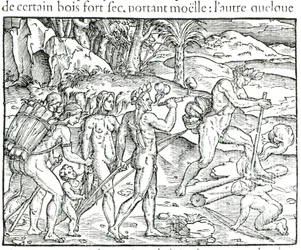 Rdzenny Amerykanin rozpalający ogień po polowaniu, wygrawerowany przez Theodora de Bry (1525-75)