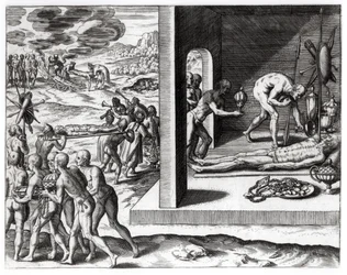 Indyjskie obrzędy pogrzebowe, z „Americae”, napisane i ryte przez Theodora de Bry (1525-75), 1602