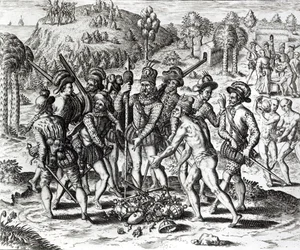 Hiszpanie otrzymujący prezenty od Indian, z „Historii”, 1598, sztychowany przez Theodora de Bry (1528-98)