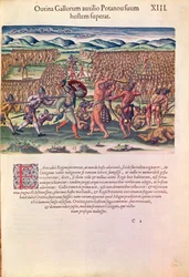 Francuzi pomagają Indianom w bitwie, z "Brevis Narratio...", rycina Theodore