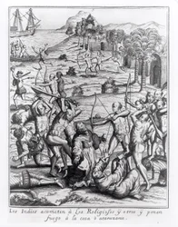 Indianie atakujący księży i innych i podpalający ich domy, rycina z „Americae”, napisana i rytowana przez Theodora de Bry (1528-98)