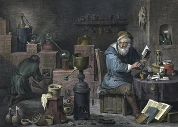 Alchemik. Grawerowanie: Jacques-Louis Pérée. XVII wiek.