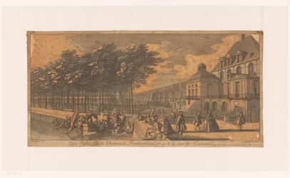 Gezicht op een laan bij de Cour de la Fontaine van kasteel Fontainebleau Widok skrzydła Château Fontainebleau, zaczerpnięty z Cour des Fontaines (tytuł na obiekcie)