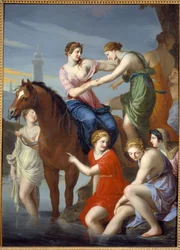 Starożytny Rzym: „”Clelie przechodząca przez Tyber””” Rzymska bohaterka dostarczyła zakładników Porsennie, królowi Etrusków, który oblegał Rzym, uciekł wraz z towarzyszami przekraczając Tybr w 507 rpne. Obraz Jacquesa Stelli (1596-1657) XVII w. Niedz.