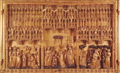 Ołtarz Świętych i Męczenników, panel środkowy Ścięcie św. Jana Chrzciciela, Męczeństwo św. Katarzyny Aleksandryjskiej i św. Barbary i Kuszenie św.