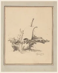 Rysunek, projekt rozety w formie łodzi z żaglem, dla Recueil Nouveau de Differens Cartouches, 1734 r.