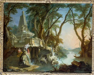 Układa się pejzaż czyli „rzeka” Fontanna piramidalna z rozbitą rzeźbą Neptuna. Obraz Jacquesa de Lajoue (1686-1761) XVIII w. Niedz. 0,81 x 1,01 m²