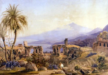 Taormina na Sycylii: ruiny i Etna. Obraz Jacoba Sutera, ok. 1850 r.