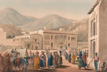 „Durbar-Khaneh z Shah Shoojah-ool-Moolk, w Cabaul [sic]”, ok. 1840 (litografia, zabarwiona)