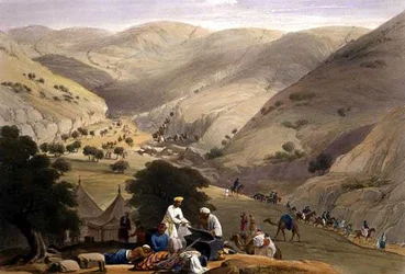 Trzecie zejście z przełęczy Koojah, ze „Szkiców w Afganistanie”, rytowane przez Charlesa Haghe (1810-88) i Louisa Haghe (1806-85) wydane przez Henry