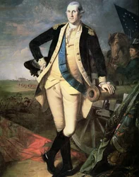 Generał Jerzy Waszyngton (1732-99) w Yorktown, Wirginia (litografia barwna)
