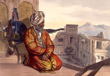 „Atmaran” hinduski z Peszawaru, tablica 9 z „Krajobraz, mieszkańcy i kostiumy Afganistanu”, grawerowana przez Roberta Carricka (ok. 1829-1904) 1848 (lito)