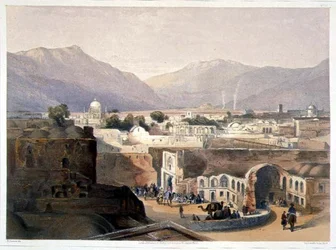 Wnętrze miasta Kandahar z domu Sirdara „Meer Dil Khaun”, brata króla Kaubulu, tablica 23 z „Krajobraz, mieszkańcy i stroje Afganistanu”, ryty przez R. Carricka (ok. 1829-1904)