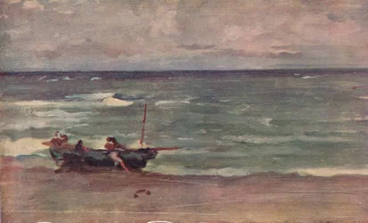 Harmonia w błękicie i srebrze: Wypłynięcie na plażę, Etretat, c1897