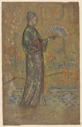 Japonka malująca wachlarz recto, Stojąca kobieta trzymająca suknię verso, c. 1872.