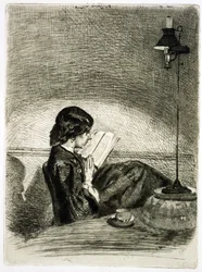 Czytanie przy świetle lampy, 1858