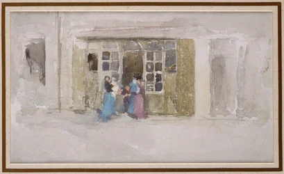 Kobiety i dzieci przy drzwiach sklepu, ok. 1888 r.