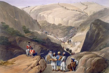 The First Descent Through the Koojah Pass, z "Sketches in Afghaunistan", rytowane przez Charles Haghe (1810-88) i Louis Haghe (1806-85) opublikowane przez Henry Graves, 1842
