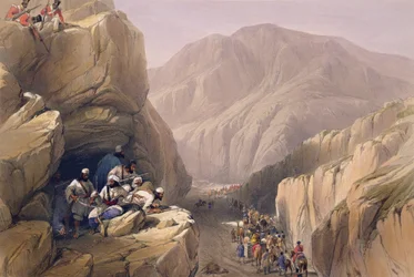 Dzika przełęcz Siri-Khajoor, ze „Szkiców w Afganistanie”, grawerowana przez Charlesa Haghe (1810-88) i Louisa Haghe (1806-85), opublikowana przez Henry