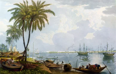 Widok Kalkuty, z punktu naprzeciw Kidderpore, 1837, sztychowany przez Roberta Havella Młodszego (1793-1878) (akwatinta)