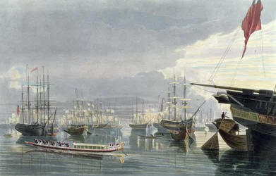 Widok na rzekę, żeglugę i miasto Kalkutę, z okolic Smiths Dock, 1837, ryty przez Roberta Havella Młodszego (1793-1878) (akwatinta)