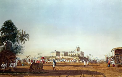 Bazar Lall i portugalska kaplica, Kalkuta, grawerowane przez Roberta Havell, wyd. 1824