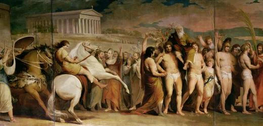 Koronacja zwycięzców w Olimpii, trzecia część cyklu „Postęp ludzkiej kultury i wiedzy”, fragment środkowego panelu przedstawiający Diagorasa, ok. 1777-1801