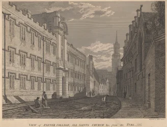 Widok Exeter College, Kościół Wszystkich Świętych, z Turl