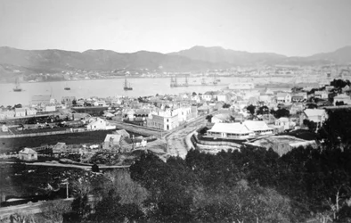 Lambton Harbour i Queens Wharf, Wellington, Nowa Zelandia, 1870