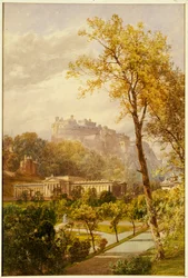 Widok na Princes Street Gardens i Galerię Narodową, Edynburg z widokiem na zachód w kierunku zamku, 1855