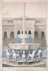 Fontanna na Dworze Lwów, Alhambra, z Arabskich Starożytności Hiszpanii, opublikowana w 1815 r. (ręcznie kolorowana grawerunek)