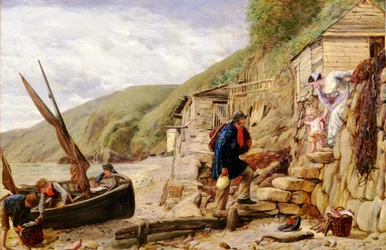 Witaj, Bonny Boat! Powrót rybaka, scena w Clovelly, North Devon, 1856