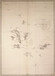 Mapa Galapagos, zbadana na statku handlowym "Rattler" i narysowana przez kapitana Jamesa Colnetta z Królewskiej Marynarki Wojennej. Poprawki do roku 1832.