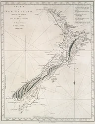 Mapa Nowej Zelandii, eksplorowanej w latach 1769 i 1770 przez porucznika J. Cooka, dowódcę statku Jego Królewskiej Mości Endeavour