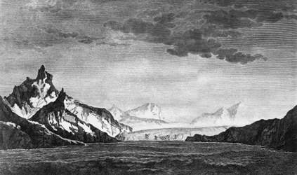 Krajobraz Zatoki Possession na wyspie Georgia Południowa, ilustracja z Podróży w stronę bieguna południowego i Okrągłego świata autorstwa Jamesa Cooka (1728-1779), wydanie opublikowane w Paryżu w 1778 r.