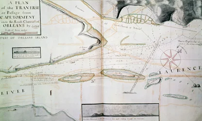Mapa skrzyżowań na rzece Saint Lawrence koło Quebecu, niedaleko wyspy Orlean, mapa narysowana przez Jamesa Cooka (1728-1779) w latach 1758-1763, Kanada