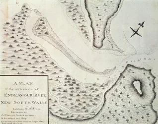 Mapa wejścia do rzeki Endeavour, mapa z relacji z pierwszej podróży prowadzonej przez Jamesa Cooka (1728-1779) w latach 1768-1771, Australia