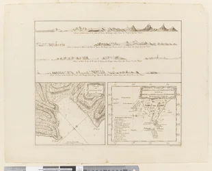ii. (a) Cztery profile wybrzeża Terra del Fuego (b) Plan Zatoki Sukcesu w Cieśninie Maire (c) Mapa S.E. część Terra del Fuego, rytowana przez T. Borvena i J. Gibsona