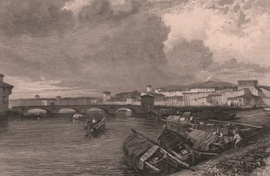 Widok rzeki Arno w Pizie, Toskania, Włochy, staloryt Thomasa Highama (1796-1844) według rysunku Jamesa Duffielda Hardinga (1798-1863)