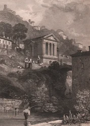 Widok świątyni Clitumnusa wzdłuż rzeki Clitunno w pobliżu Campello sul Clitunno, Umbria, Włochy, staloryt autorstwa Jordana według rysunku Jamesa Duffielda Hardinga (1798-1863), około 10, 5x15 cm