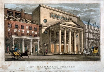 Widok teatru Haymarket, Westminster, Londyn, 1821 r.