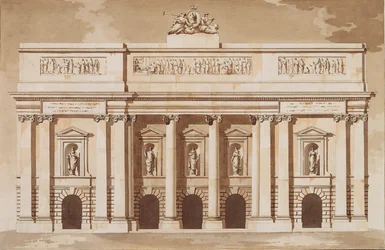 Elewacja frontu zachodniego budynku parlamentu, Dublin, ok. 1787 (pióro i pędzel z brązowym tuszem i toaleta na papierze wykładanym)